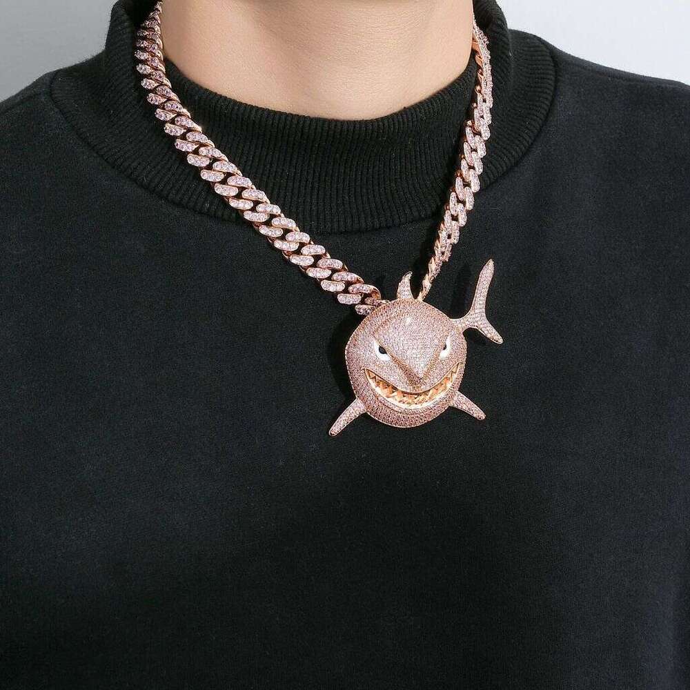 American-Style Niche Shark Pendant With Pink Micro-Inlaid Zircon, Exaggerated And Unique Hip-Hop Men's Non-Fading Cuban Chain