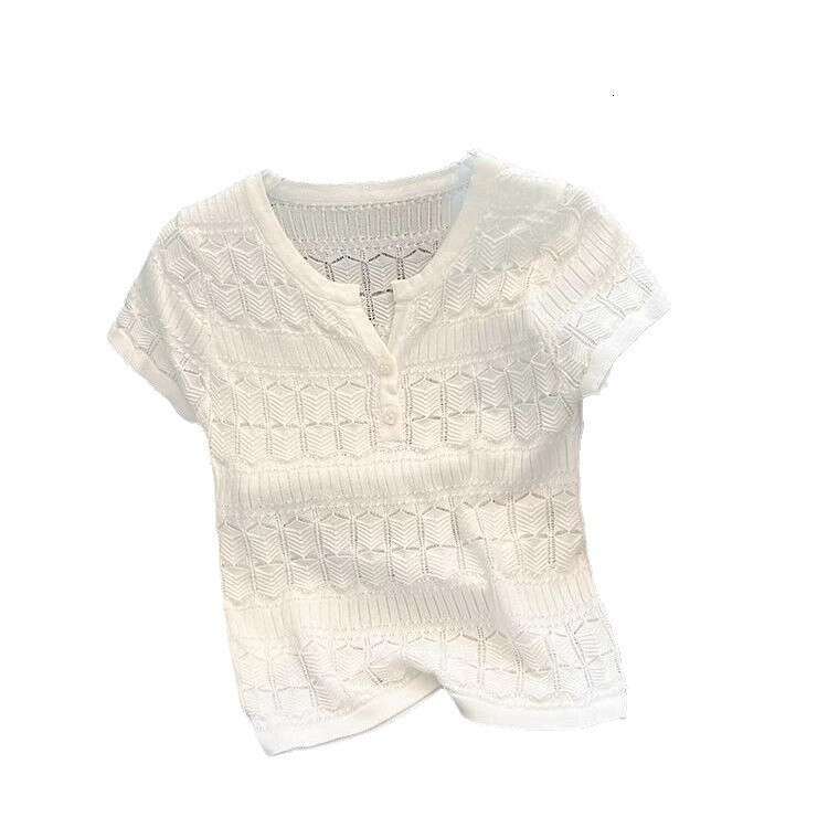 Summer New Vintage French Hollow V-Neck Sleeve Knit Sweater For Women, Sweet And Spicy Girl Short Pullover Top