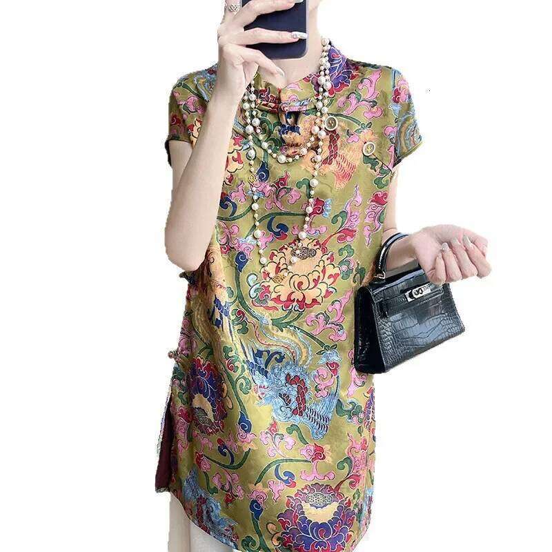 New Chinese Style Long Sleeve Shirt Middle Length Qipao Collar Summer Side Slit Zen Spirit Fashionable Women's Top MAKOUFEI