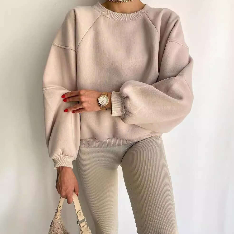 2026 European and American cross-border new style round-neck patchwork long-sleeve solid color basic versatile sweatshirt