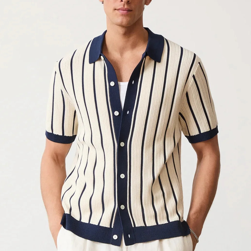 Summer Mens Striped Knit Polo Shirts Fashion Patchwork Short Sleeve Turn Down Collar Smart Casual Polos Men Knitted Tops 260327