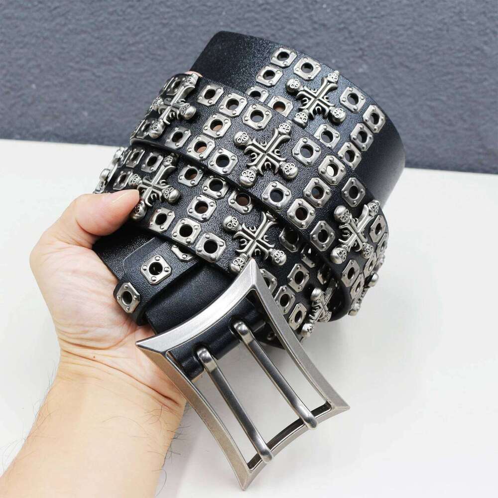 Heavy Duty Goth Street Men Rivet Real Pin Male Black Rock Genuine Leather Cowhide Punk Belt Jeans Chunjinqiuli