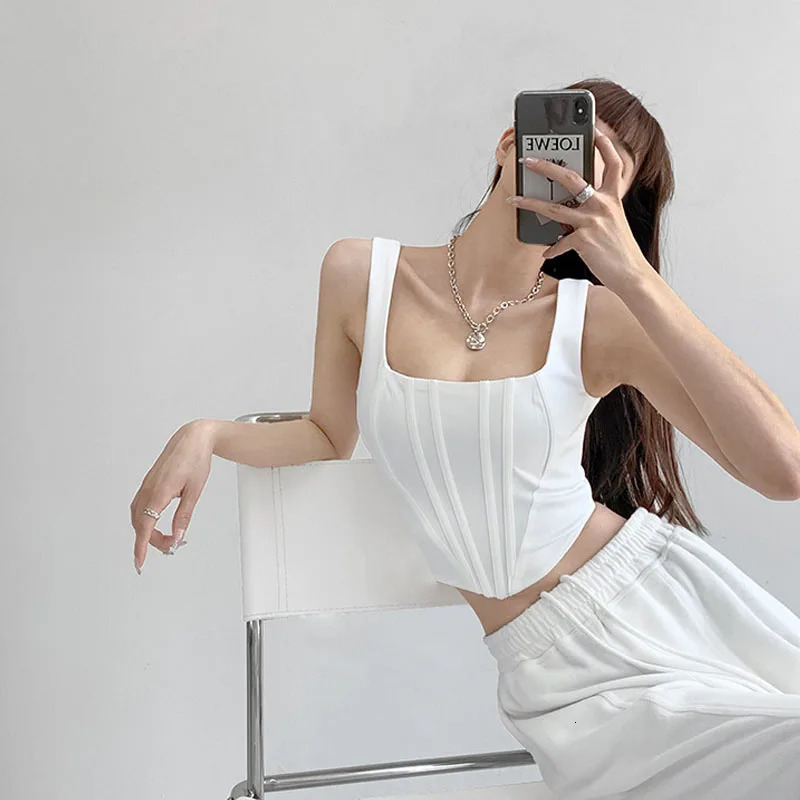 2023 Summer Crop Tops Sexy Square Neck Tight Backless Short Top Sleeveless Tank Tops Women Casual Solid Color Basic Camisole 260313