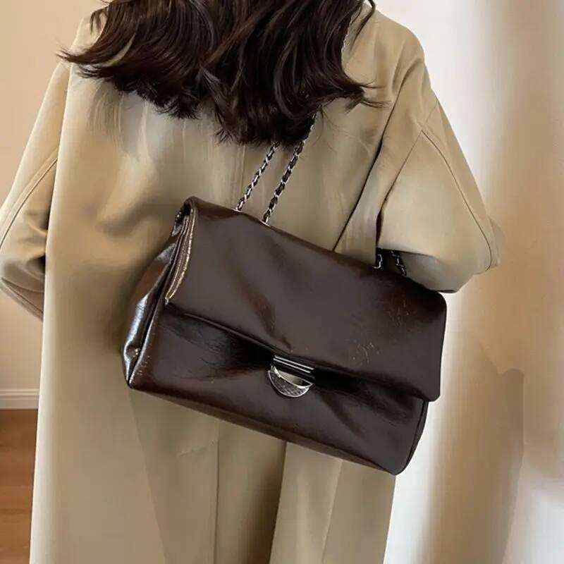 JIAERDI Retro Chain Silver Buckle Tote Women Waxed Leather Texture Large Capacity Shoulder Bag Ladies New Underarm Bags TIANOUDAISHU