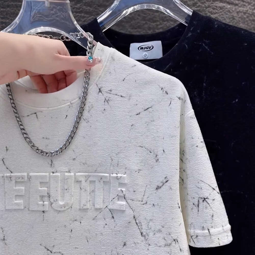 Summer New Trendy Letter Print Short 3D Embossed Tie-Dye Half Sleeve Men's Fashionable T-Shirt