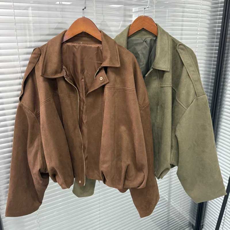 PRINTKAOIR Womens Suede Jacket Outerwear Pilots Style Zipper Closure Medium Thickness Loose Street Style Pure Color Casual CoatT260328