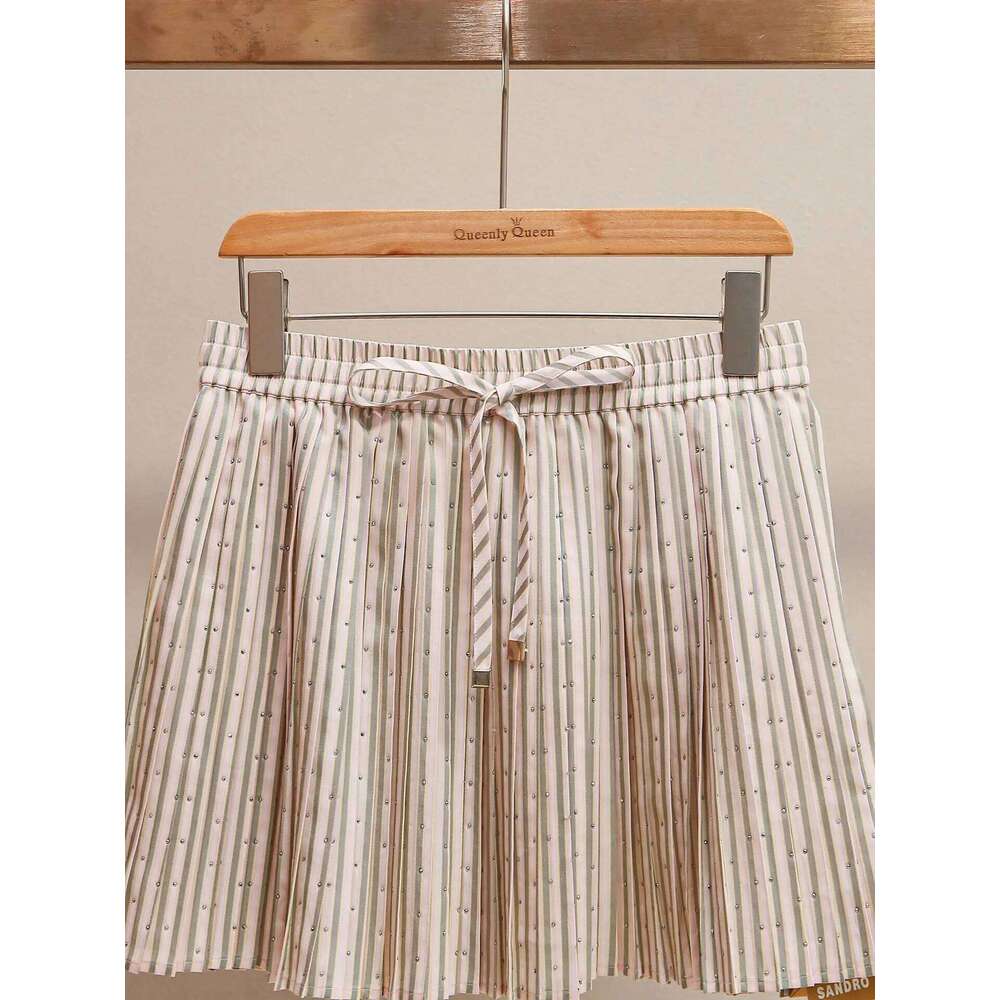Rhinestone Decoration Women Striped Shirt Turn-Down Collar Blouse Top Or Elasitc Waist Pleated Mini Skirt For Ladies Mdng260330