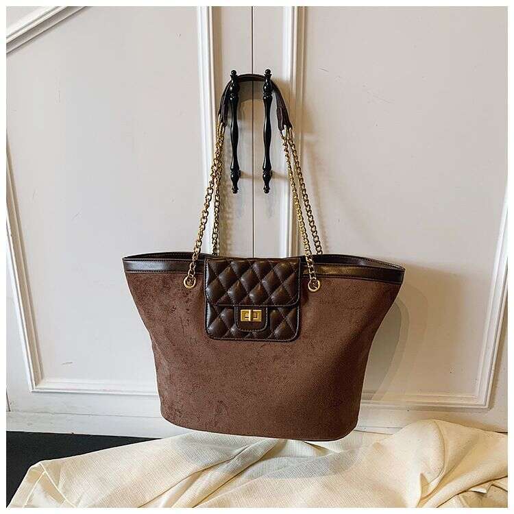 Chic Suede Tote With Chain Strap Large Crossbody Shoulder Bag For Work Weekend Black Brown Tan Khaki Liksusie