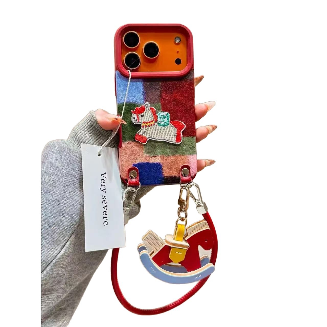 Leather color block embroidery Fu Pony pendant hand rope for iPhone iPhone case