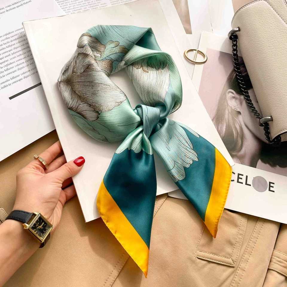 New Printed 70cm Square Silk Scarf Women Green Color Satin Thin Smooth Neck Scarf Vintage Style Sunscreen Headscarf For Women Z260330