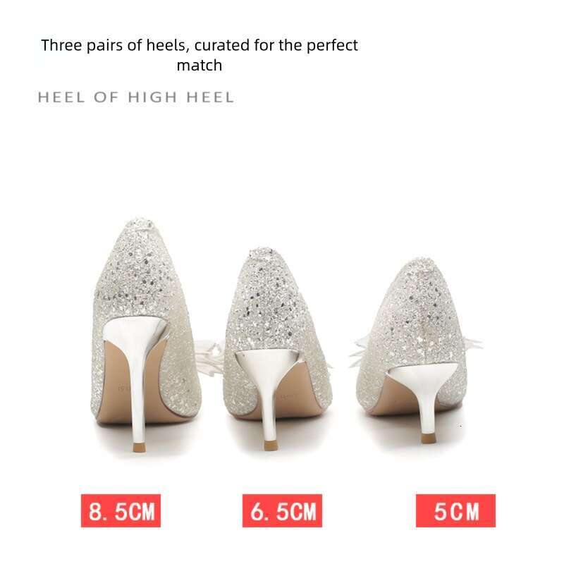 2026 Women French Style High Heels Bride Dress Banquet Rhinestone Bow Wedding Shoes Elegant Pointed Toe Sequin Pumps