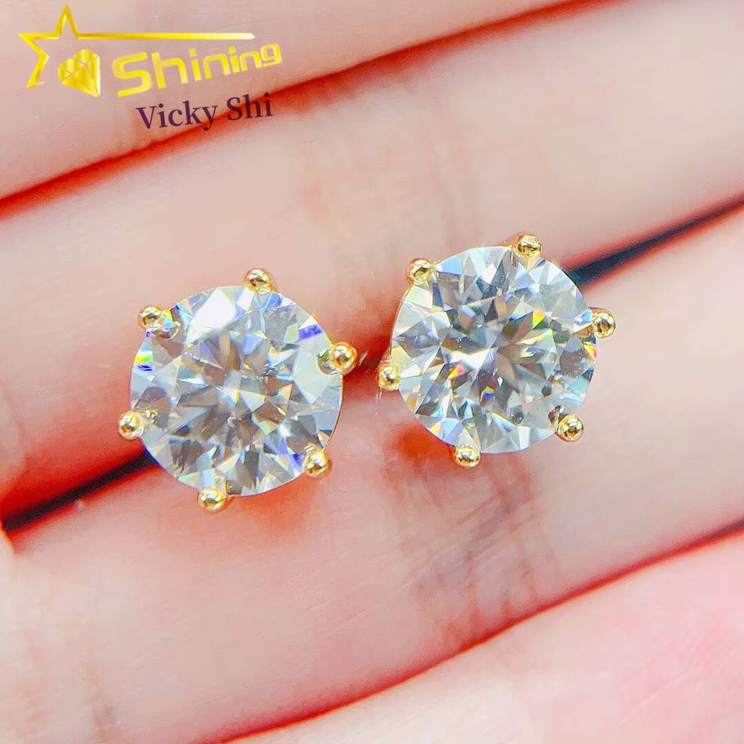 Pass Diamond Tester 925 Sterling Silver Classic 6 Prongs Round Moissanite Stud Earrings Screw Back Fine Women Earrings