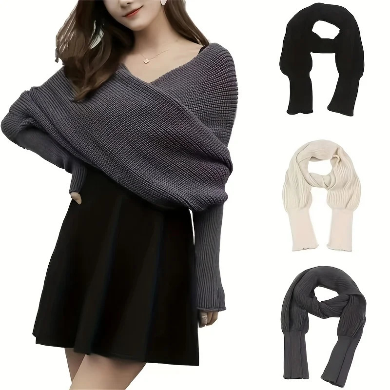 Solid Color Knit Shawl With Long Sleeves Elegant Soft Warm Short Top Autumn Winter Coldproof Elastic Wrap Scarf 260325