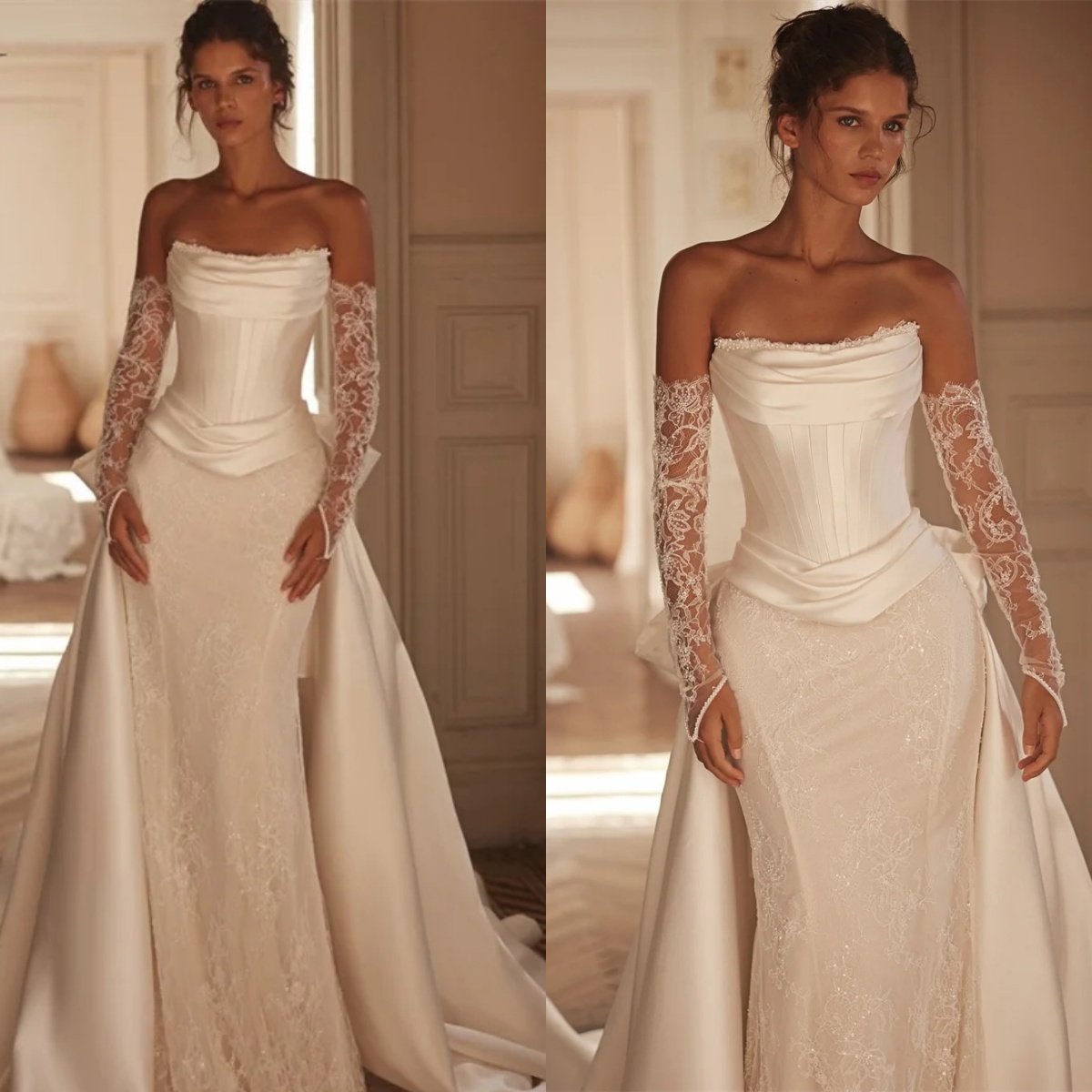 Graceful Mermaid Wedding Dresses Strapless Removable Sleeves Bridal Gown Lace Detachable Train Dress Custom Made