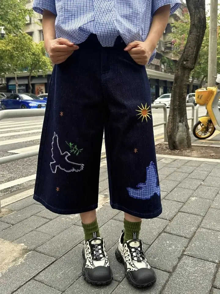 American summer trendy cool loose overknee versatile straight wide-leg pants high street shorts cropped jeans shorts feminino H260330