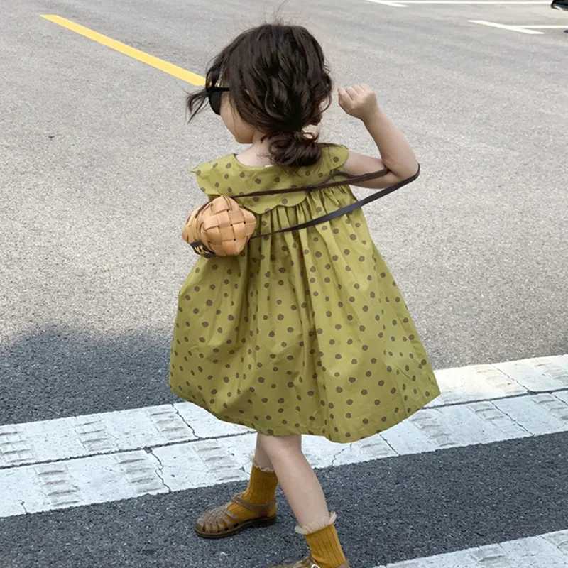 Childrens Sleeveless Dress 2023 Summer New Girls Dot Print Polo Collar Dress Korean Cotton Single Breasted Tank Top DressT260330