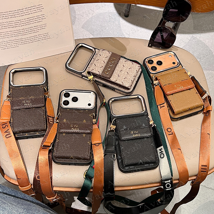 Crossbody Luxury Wallet Leather Phone Case for IPhone 17 Air 16 Plus 15 14 13 12 Pro Max Designer Flower Letter Print 17pro Cover with Card Slot Holder Anti-drrop Lanyard