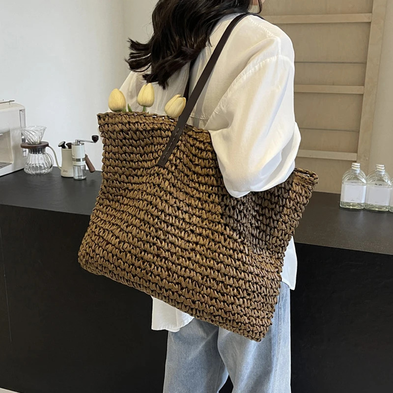 Straw Woven Tote Bags Casual Large Capacity Handbag Beach Shoulder Simple Womens Bag Shopping Summer bolsos260316
