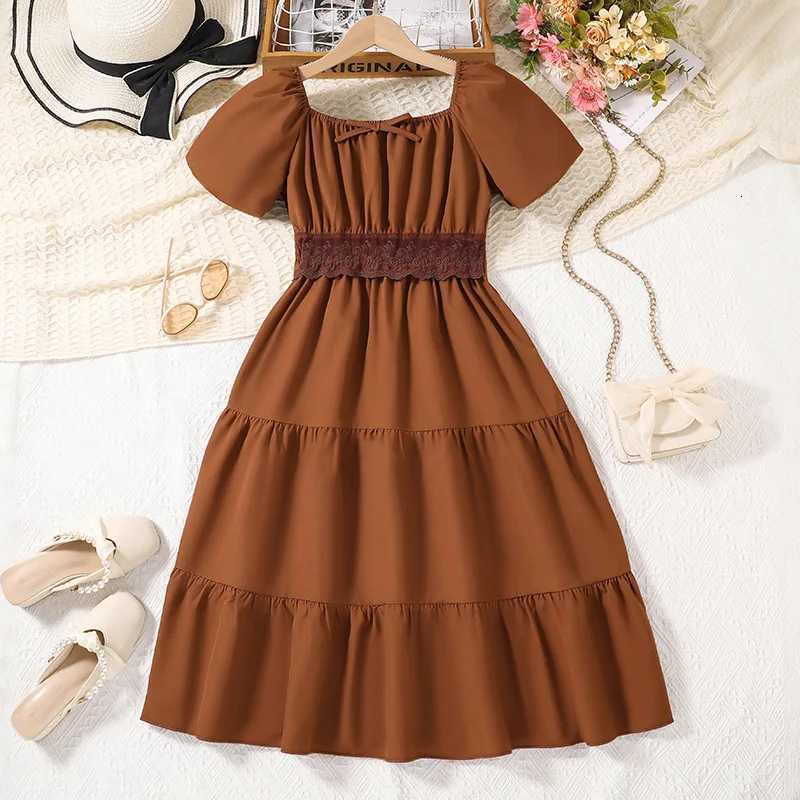Kids Casual Dress For Girls Clothes Summer 2025 New Children Fashion Short Sleeve High Waist Pink Princess A-Line Dress 7-14YT260330