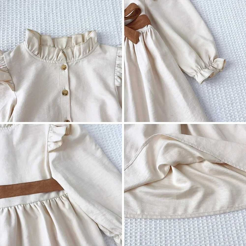 Autumn Plain Long Sleeved Stand Collar Tied Dress Solid Color Kids Dresses for Girls Daily Casual Clothes 3-7 Years OldT260330