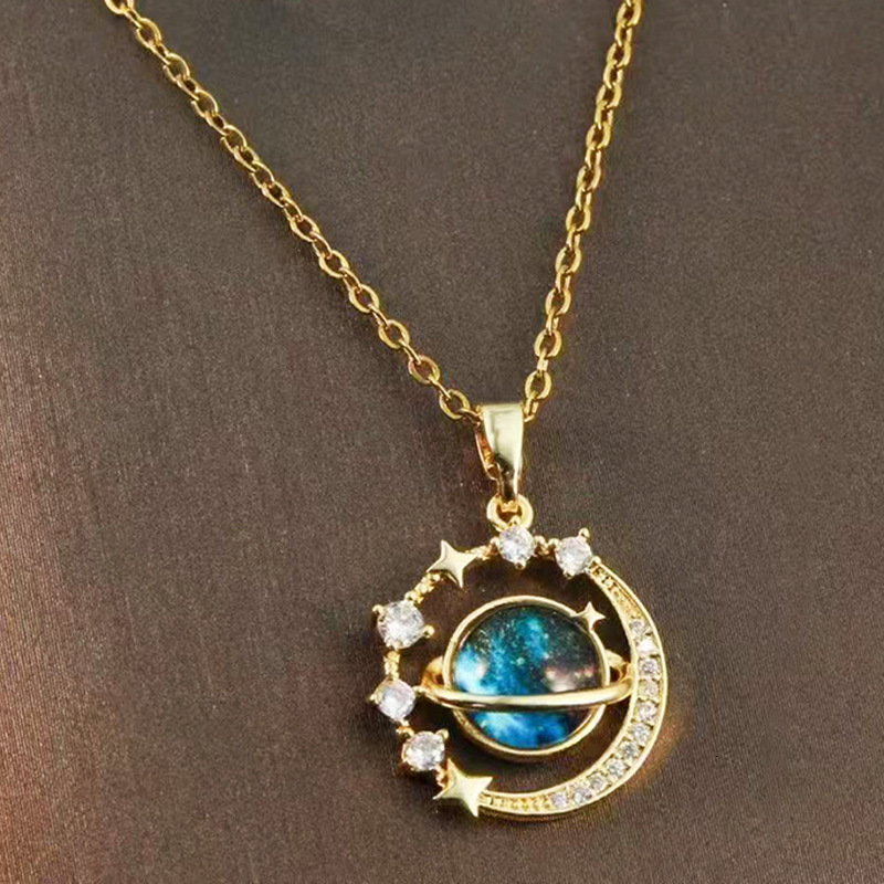 Designer luxury New blue planet star and moon light luxury micro-inlaid zircon necklace with a fashionable design, niche women's collarbone chain
