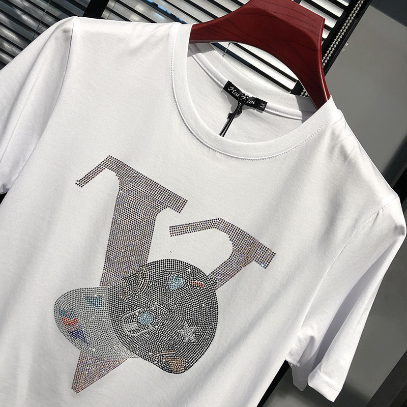 2026 New Design Blouse - Letter-shaped Artificial Gemstone Short-sleeved T-shirt From A Fashionable Brand With Unique Fashion Design And A Casual Roun