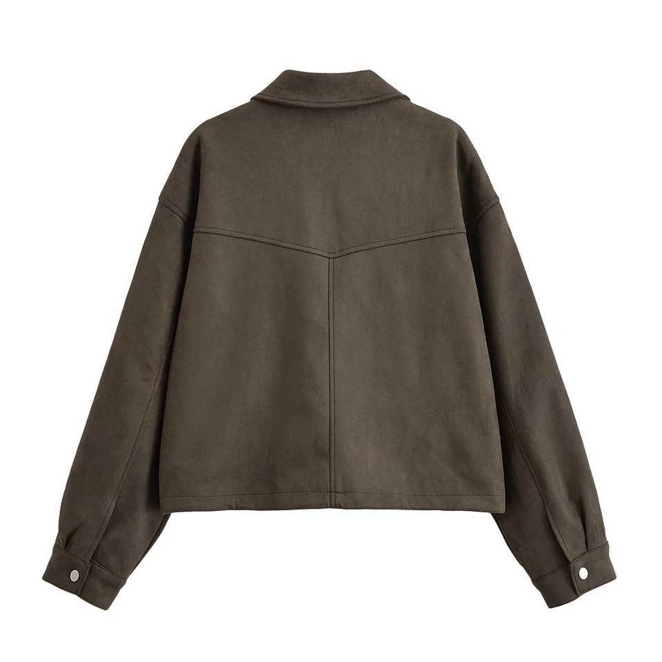 NERHEFZ Casual Womens Suede Bomber Jackets Loose Lapel Zipper Long Sleeve Pockets Female Coats 2025 Autumn Lady Commute OutwearT260328