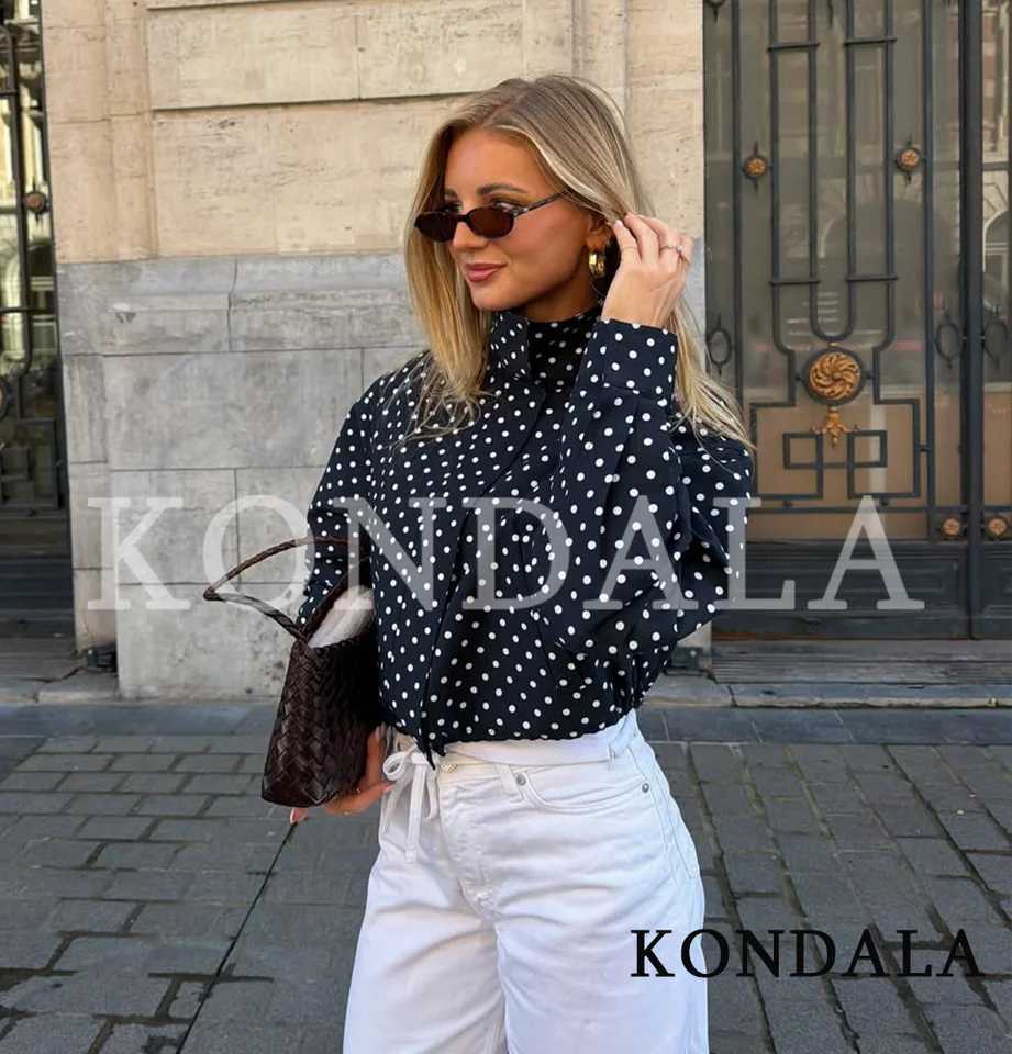 KONDALA Casual Polka Dot Jacket Womens Dark Navy Blue Stand Collar Jacket New 2026 Spring Summer Trendy High Street Lady JacketT260328