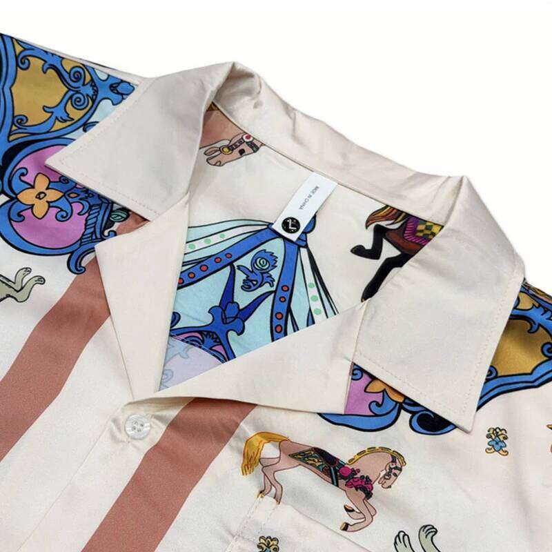 Vacation Fashion Mens Short Sleeve Shirts Vintage Pattern Printed Silk Shirt Tops Men Casual Turn-Down Collar Button-Up Cardigan