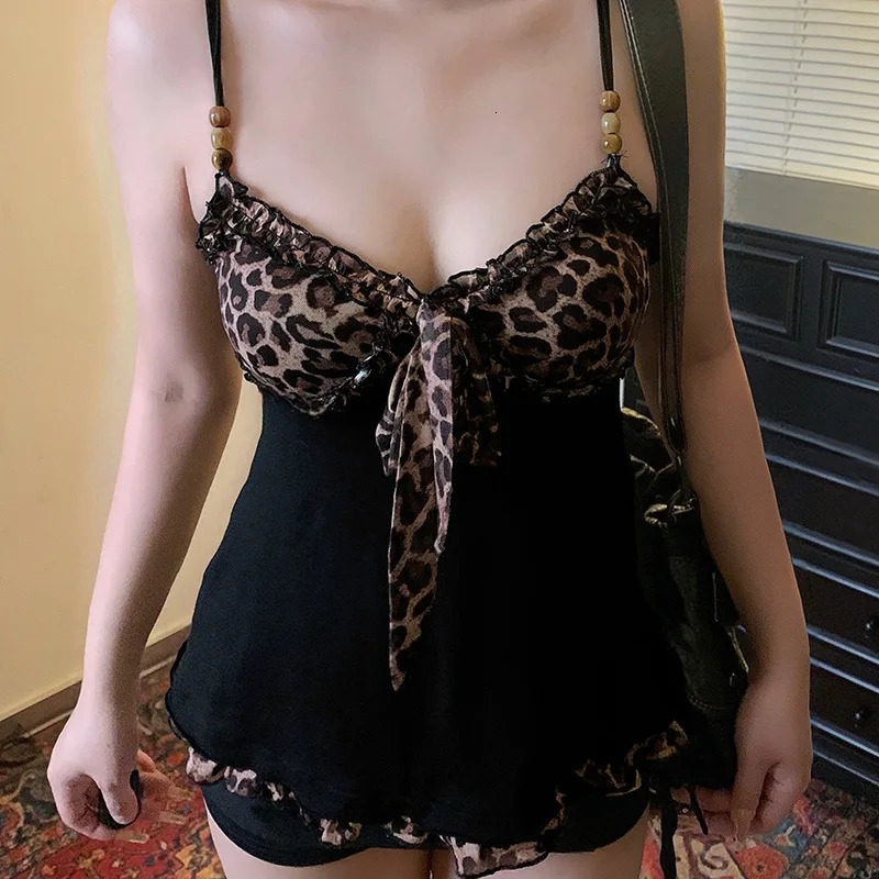 American sweet Y2k Leopard Camisole Women Retro Streetwear E-girl 90s Dark Gothic Sexy Patchwork Lace-up Crop Tank Top Femme 260327