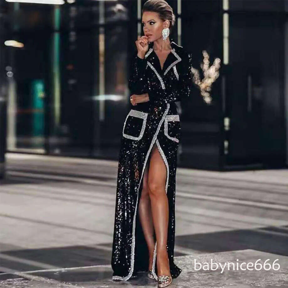 Modest Black Sequins Jacket Style Evening Dresses Double-Breasted Long Coat Prom Gowns Front Split Windbreake for Womens Special Occasion Dress
