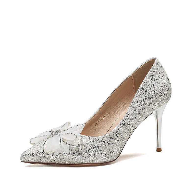2026 Women French Style High Heels Bride Dress Banquet Rhinestone Bow Wedding Shoes Elegant Pointed Toe Sequin Pumps