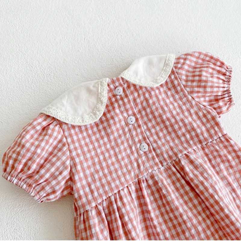 2-6Yrs Summer Girl Draped Dress Children Dress Pink Plaid Turn-Down Collar Kids Clothes Embroidery Toddler Baby Girls ClothingT260330