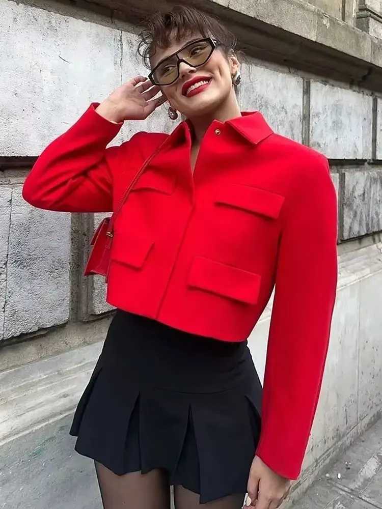 HH Womens Autumn Street Fashion Cropped Jackets With Pockets Long Sleeves Lapel Solid Color Slim Front Flap Causal CoatsT260328