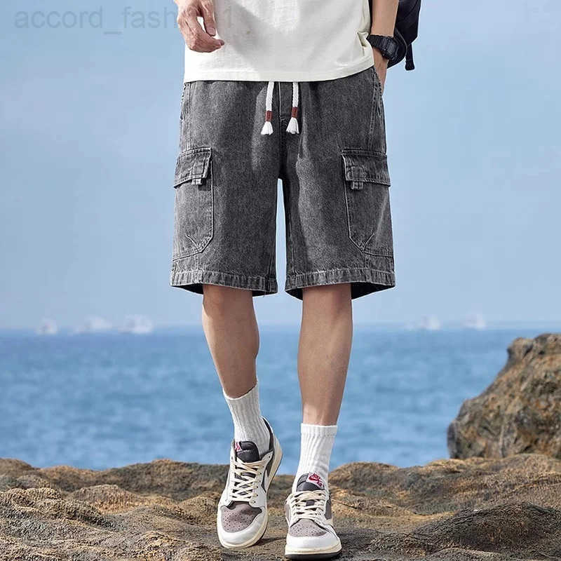 Summer Mens High Street Baggy Cargo Denim Shorts 2026 New Y2K Vintage Drawstring Jorts Hip Hop Fashion Blue Short Jean Pants H260330