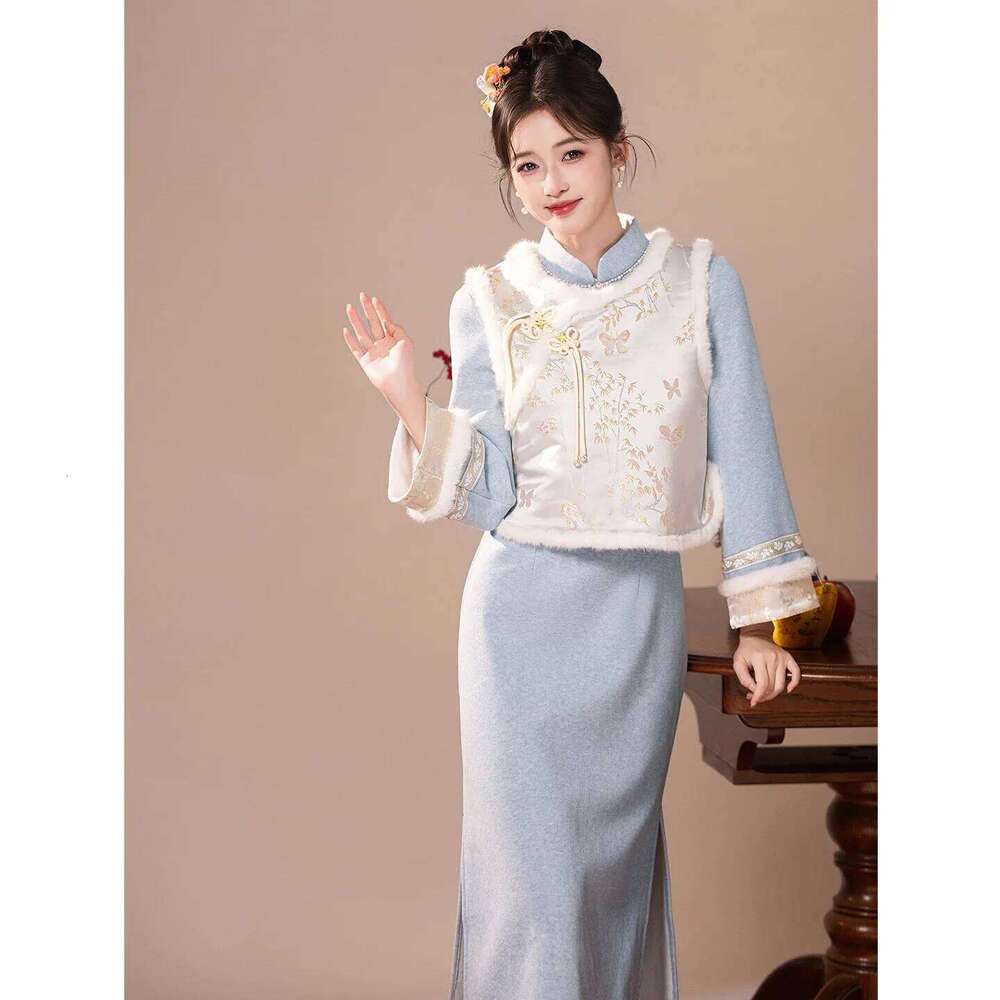 Yourqipao Cheongsam Thicken Velvet New Winter Qipao Evening Dress Women Feather Skirt MAKOUFEI