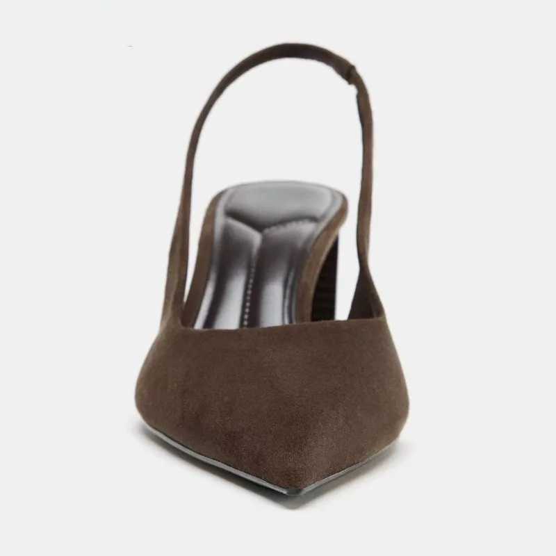 High Quality Faux Suede Slingback Pumps Women Retro Brown Pointed Toe Chunky Heel Design Sandals Elegant Commuter Office Shoes Z260330