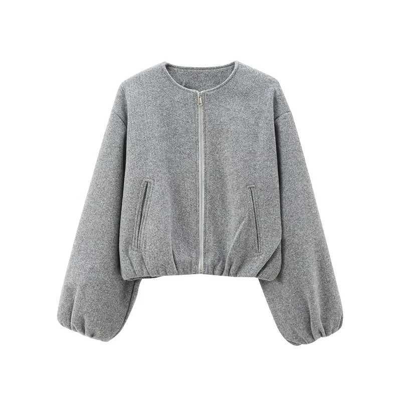 TRAF Beige Cropped Jacket Outerwears Womens 2024 Autumn Winter WoolBlend Short Bomber Varsity Jacket Fashion Casual Grey CoatT260328