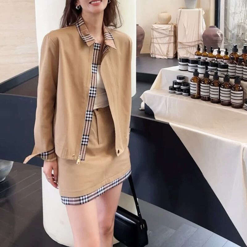 Elegant Plaid Patchwork Suit For Women Spring Autumn Short Trench Coat Jacket And High Waisted Skirt Two Piece Set Luxury