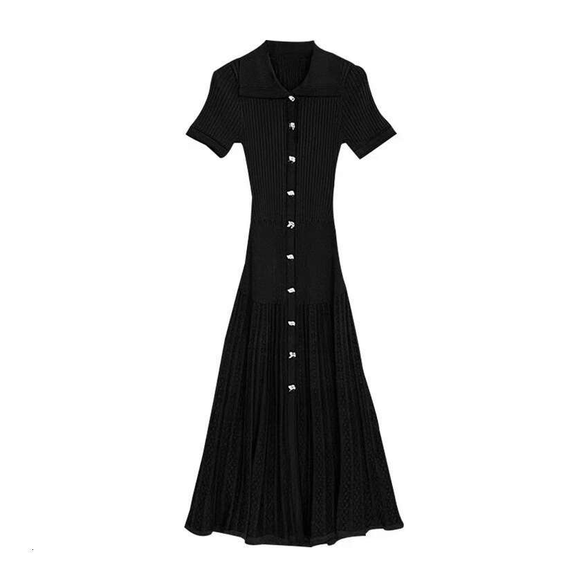 2026 summer French niche hollow slit long knitted women's c1 black small skirt with buttons and folding collar