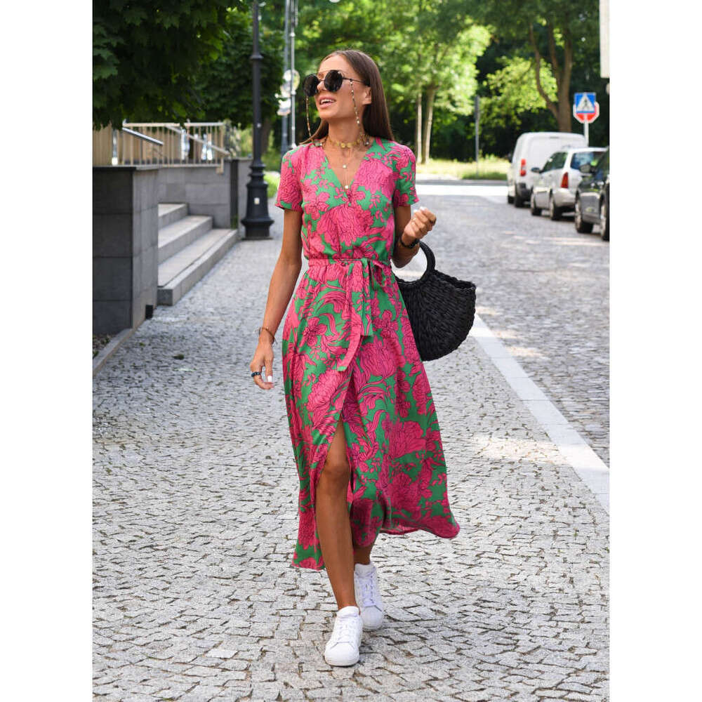 Cross-border women's clothing European and American holiday polka dot print tie-waist V-neck mid-length short-sleeve dress