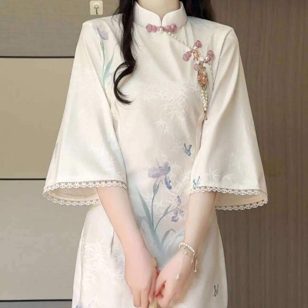Elegant Improved Cheongsam New Chinese Style Floral Lace Inverted Large Sleeves Young Girl Long Qipao Dress Spring MAKOUFEI