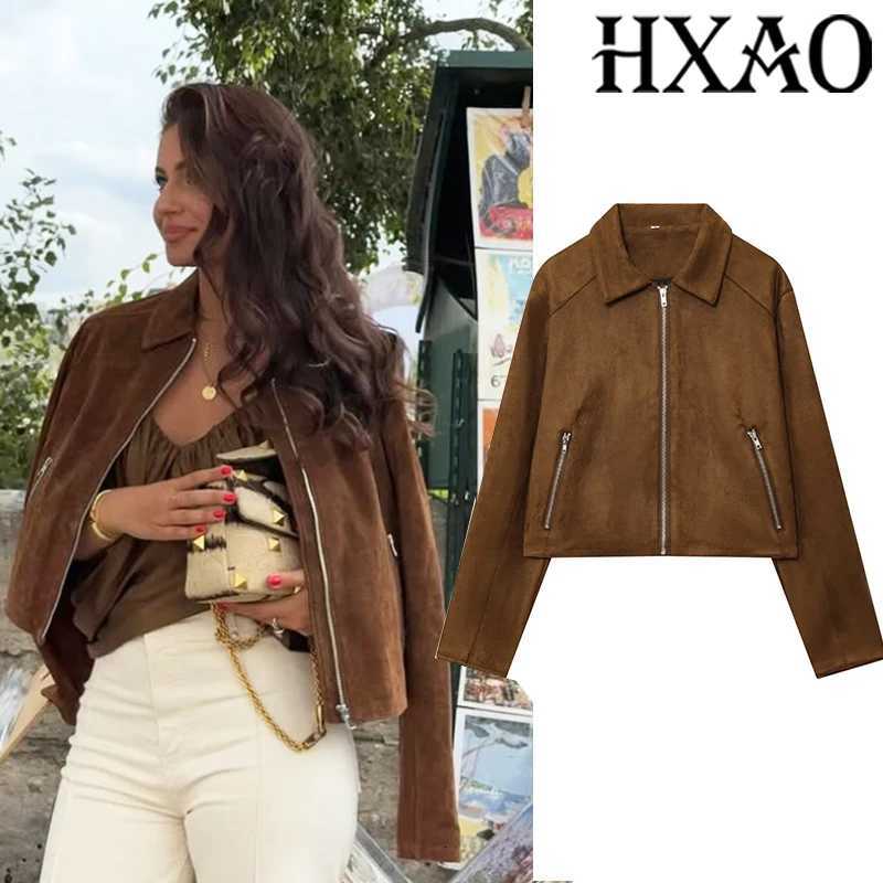 HXAO Cropped Coat Suede Jacket Women Demi-Season Faux Leather Jacket Outerwears Long Sleeve Bomber Jacket Zip Up Short CoatT260328