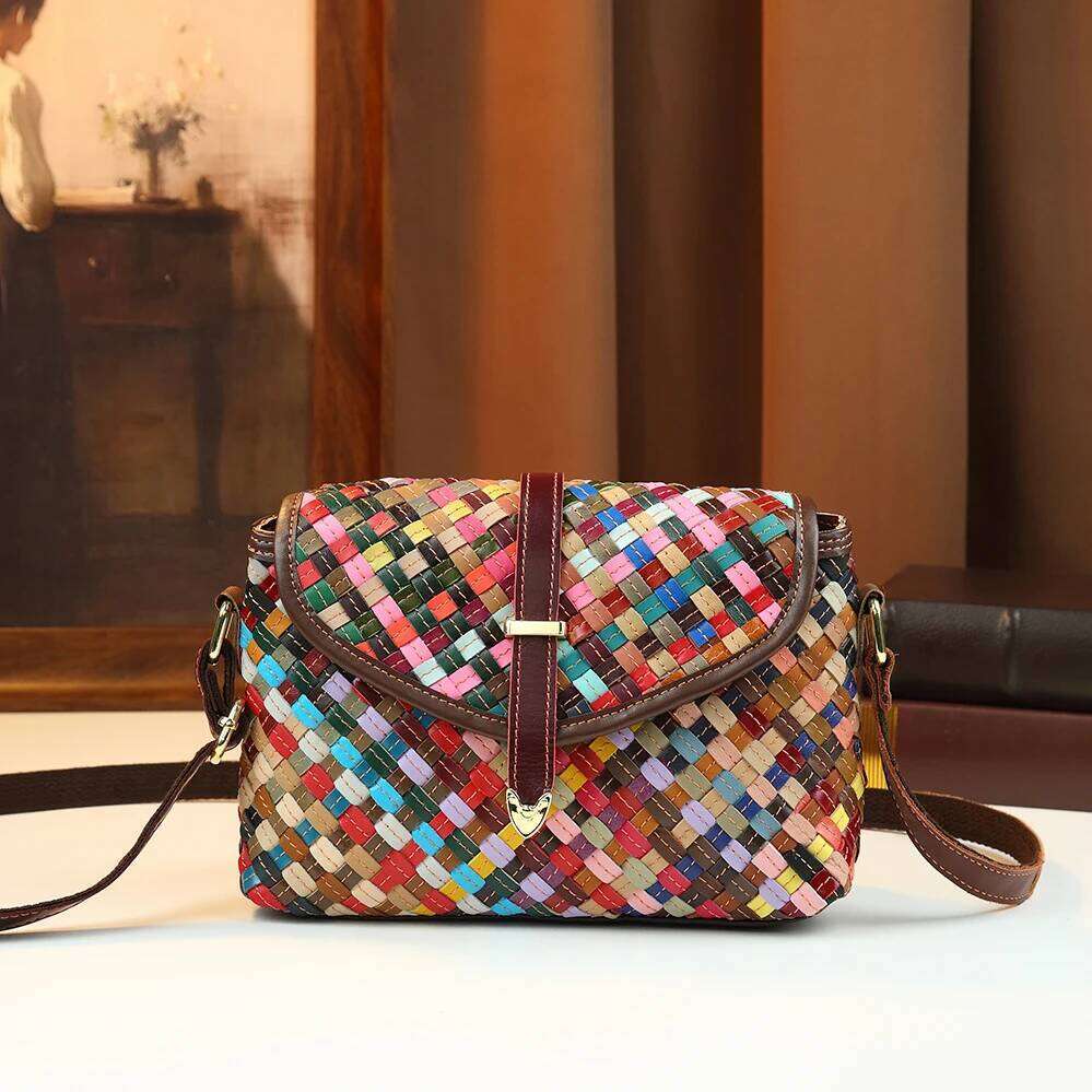 Crossbody Bohemian Rainbow Hand Woven Genuine Leather Women's Ethnic Style Contrasting Single Shoulder Bag