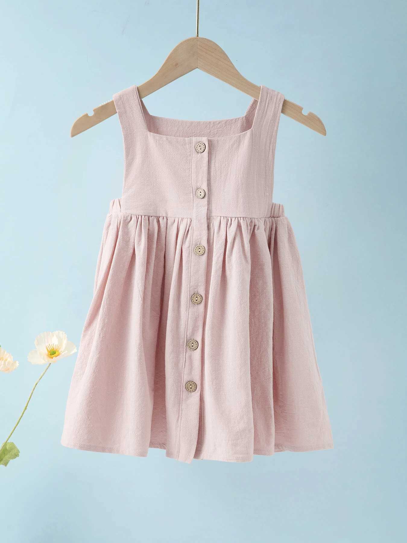 Summer kids clothes solid color suspender girl frocks linen cotton sleeveless summer dressT260330