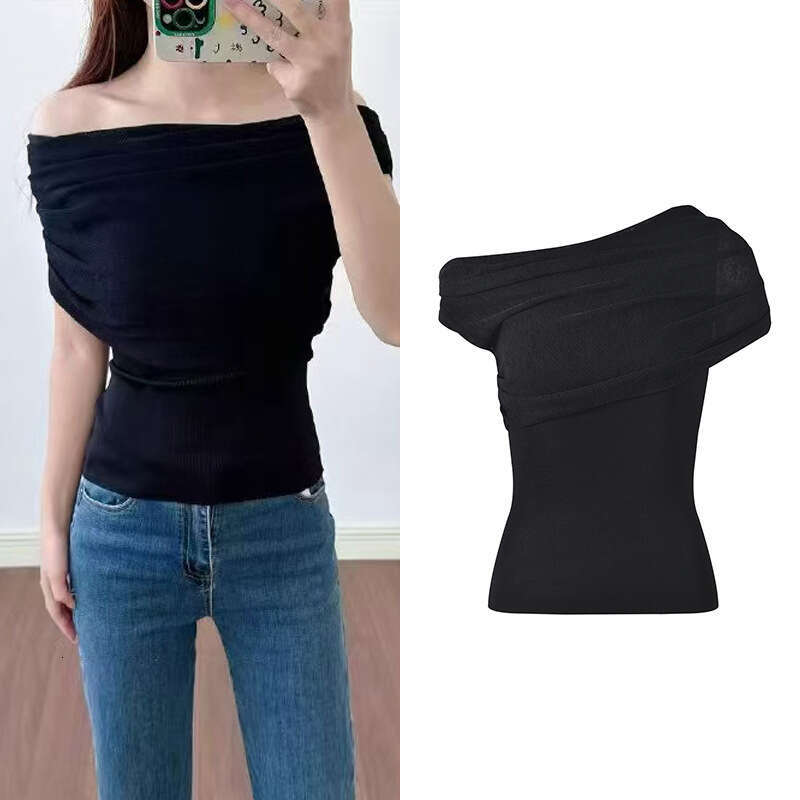 2026 Spring and Summer New Off Shoulder Ruffle FC Sexy Clavicle k30 Show Elegant Fashion Slim Black Top