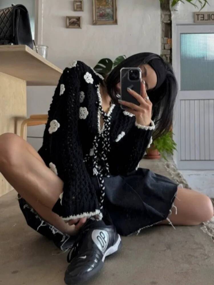 Chic Autumn Heavy Embroidery Long Sve Knitted Open Cardigan Women's Jaet Hollow out 3D Flower Design Commute Sle Faion