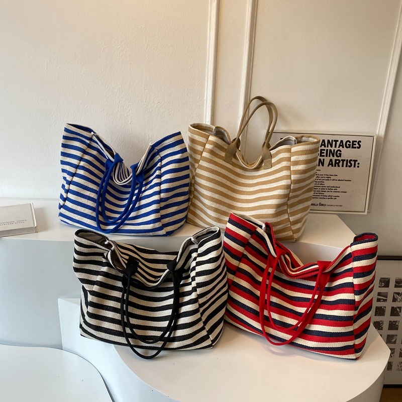 Free Shipping High Value Black and White Striped Canvas Tote Bag for Women Large Capacity Casual Shoulder Bag