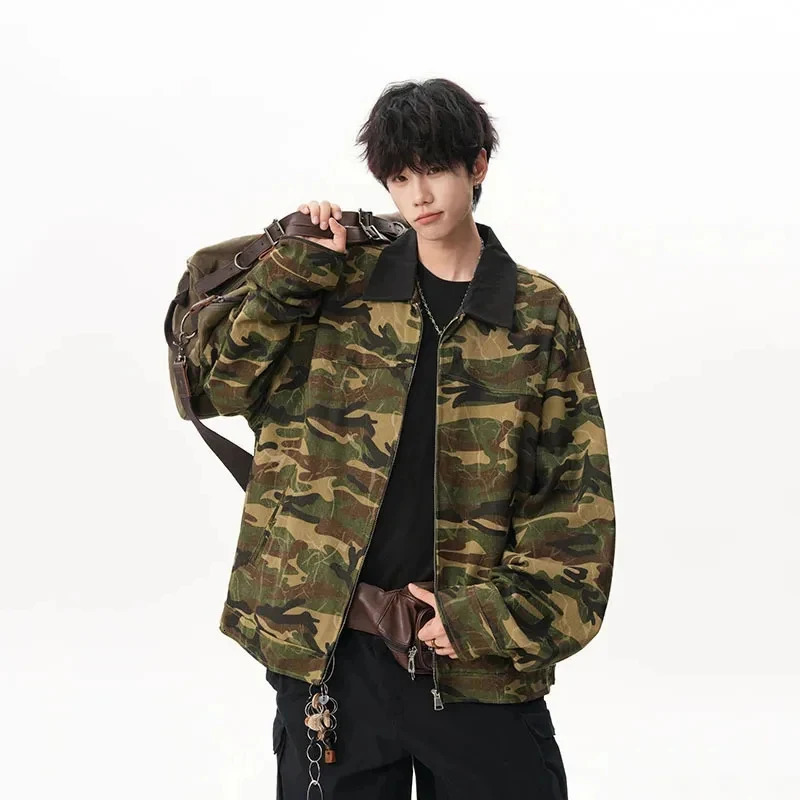 American Style Green Black Camouflage Lapel Mens Jacket Versatile Casual Zipper Coat 2026 Spring Male Clothing 260327