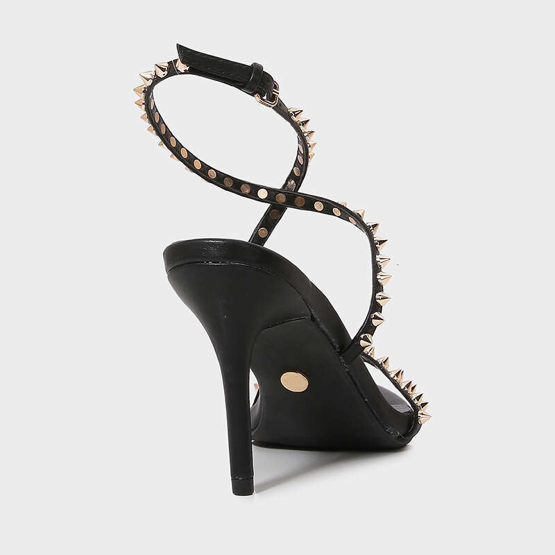 2026 Summer New Black Rivet French Style Elegant Design Shoe High Heel Pointed Toe Sexy One-Strap Sandals
